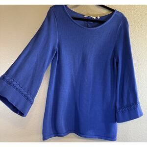 Soft Surroundings Womens M Periwinkle Blue Woven Trim Cotton Knit Boxy Sweater